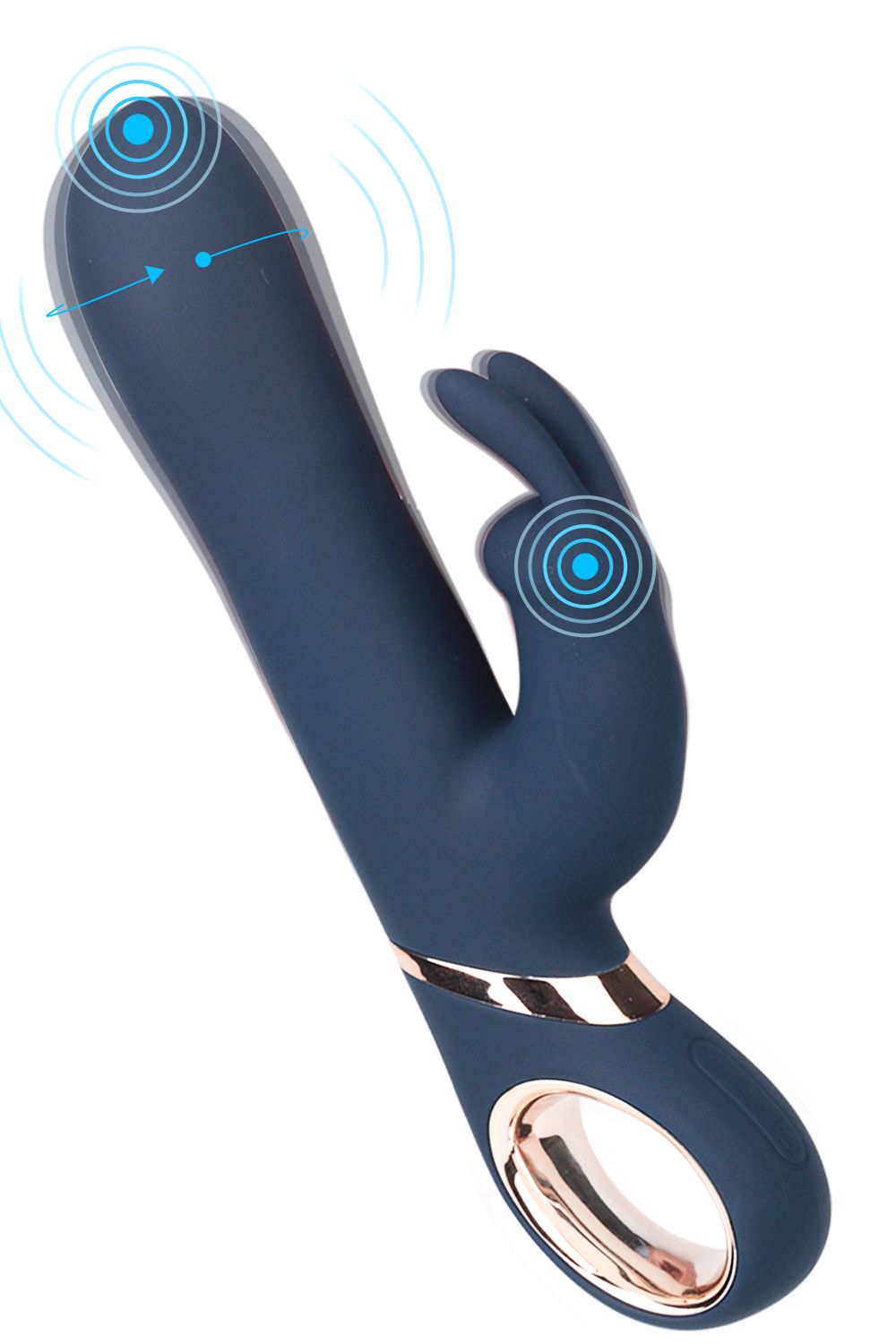 Dunkelblauer Vibrator mit Hasenohren-Aufsatz. Blaue Wellen zeigen Vibrationen an. Goldfarbene Akzente.