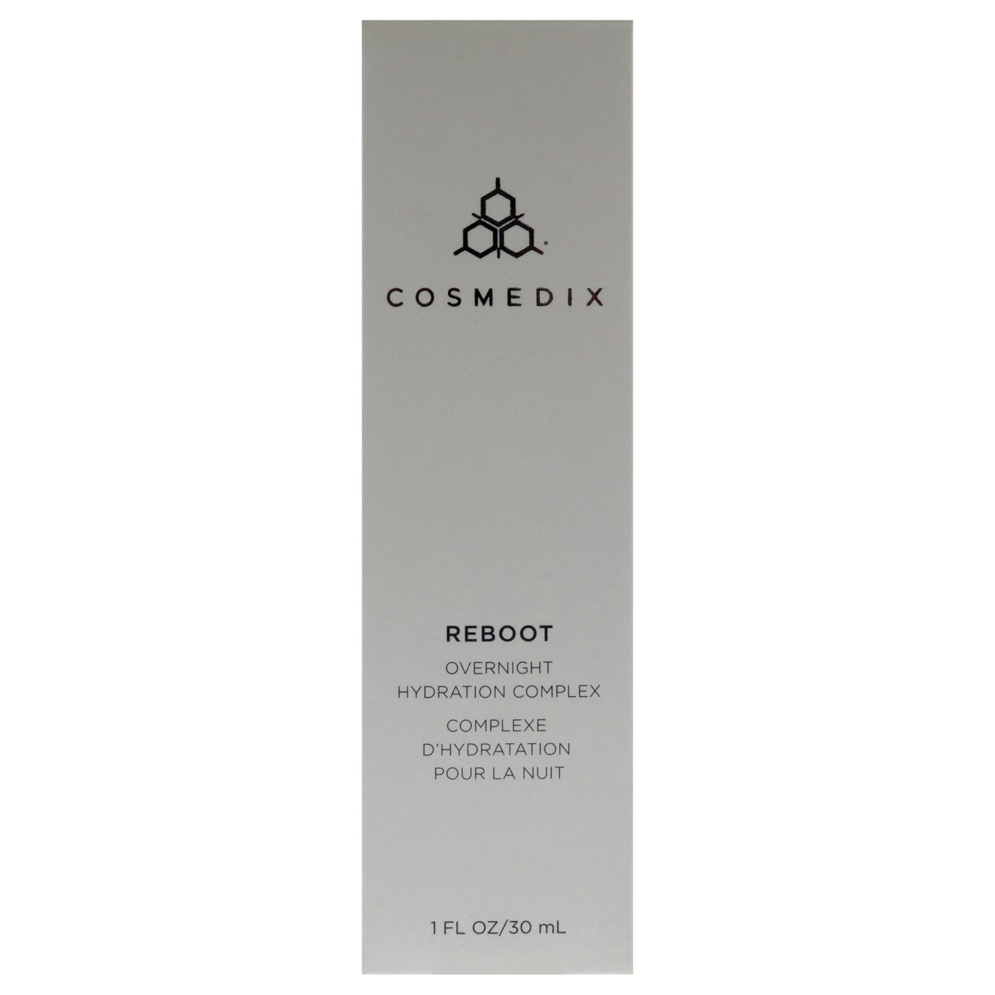 Hohe, weiße Verpackung. Aufschrift: Cosmedix, Reboot Overnight Hydration Complex. 1 FL OZ/30 mL.