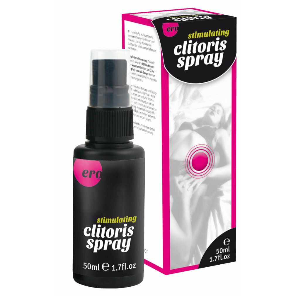 Sprühflasche und Verpackung. Text: stimulating clitoris spray, women, 50ml, 1.7 fl.oz. Rosa Kreis.