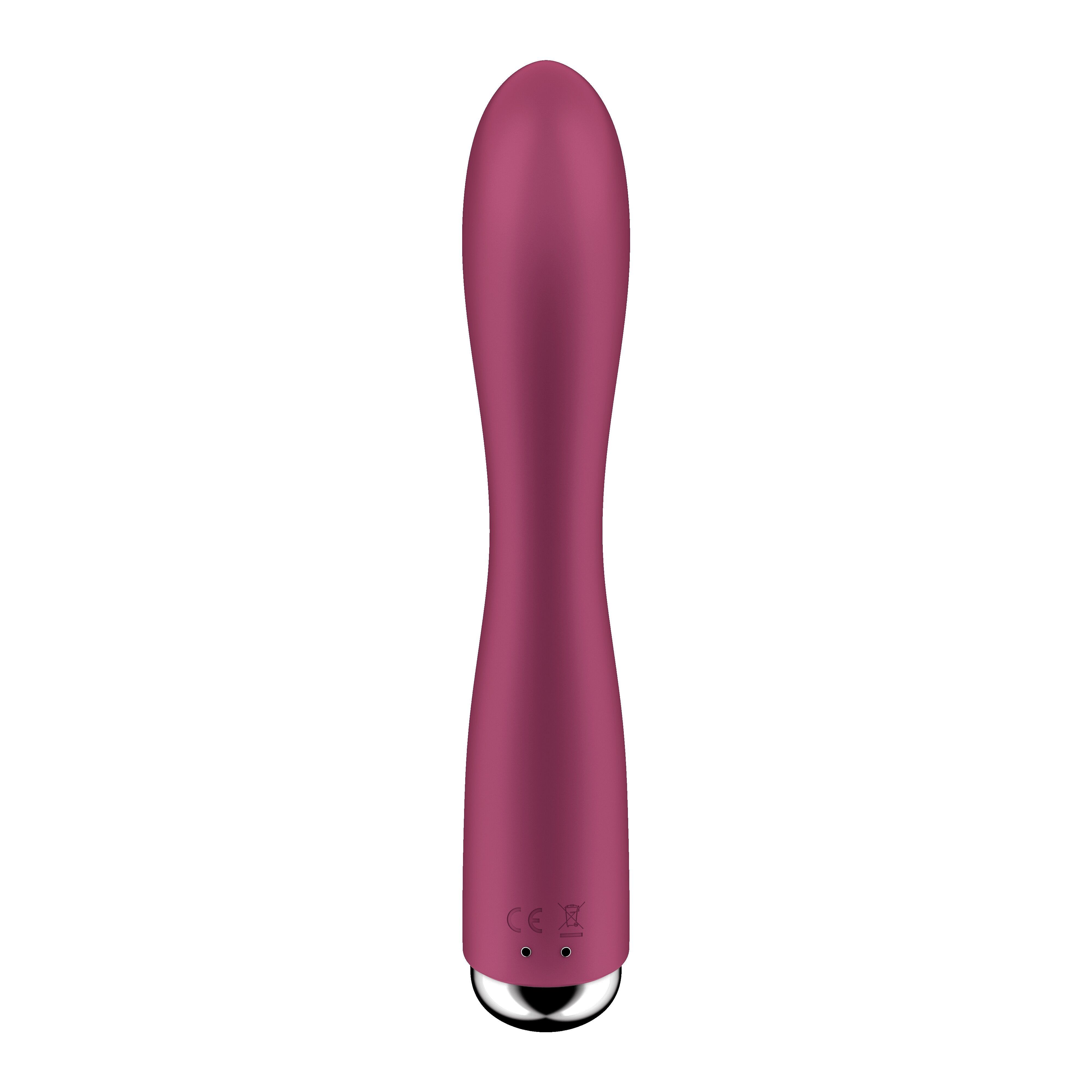 Burgunderfarbener Vibrator mit silberfarbener Basis. CE-Kennzeichnung.