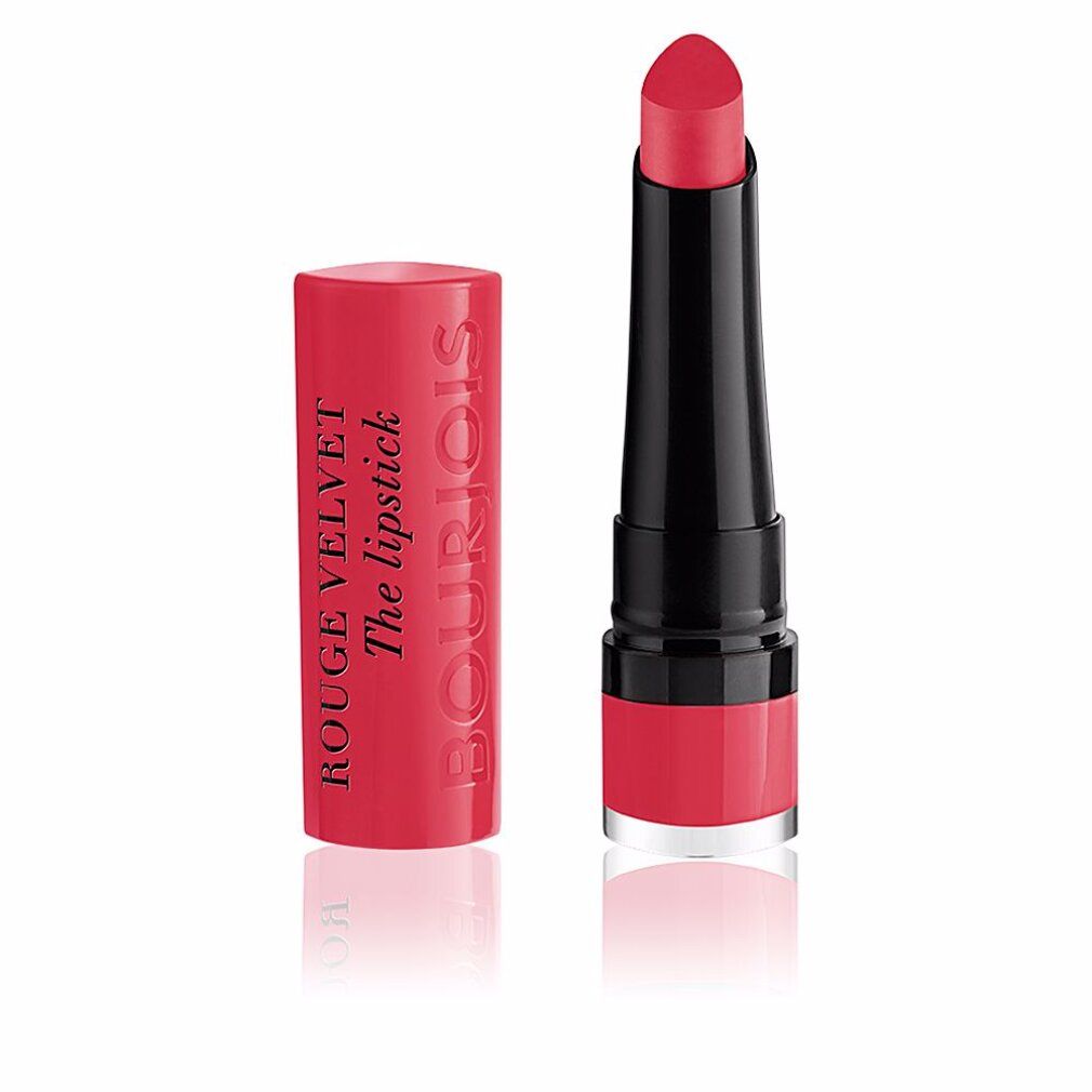 Lippenstift mit roter Hülse und Lippenstift. Auf der Hülse steht "ROUGE VELVET The lipstick" und "Bourjois".