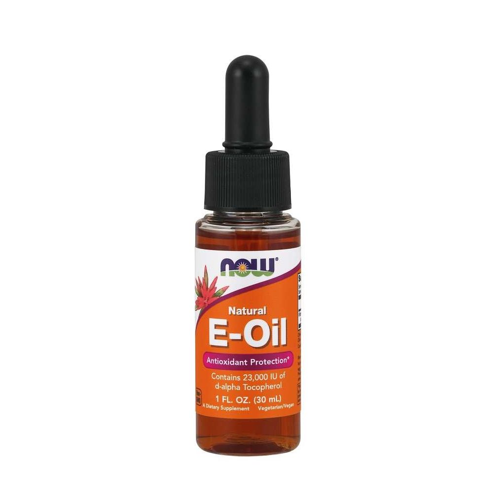 Braune Glasflasche mit Tropfer. Etikett mit E-Oil und Antioxidant Protection. NOW FOODS-Logo.