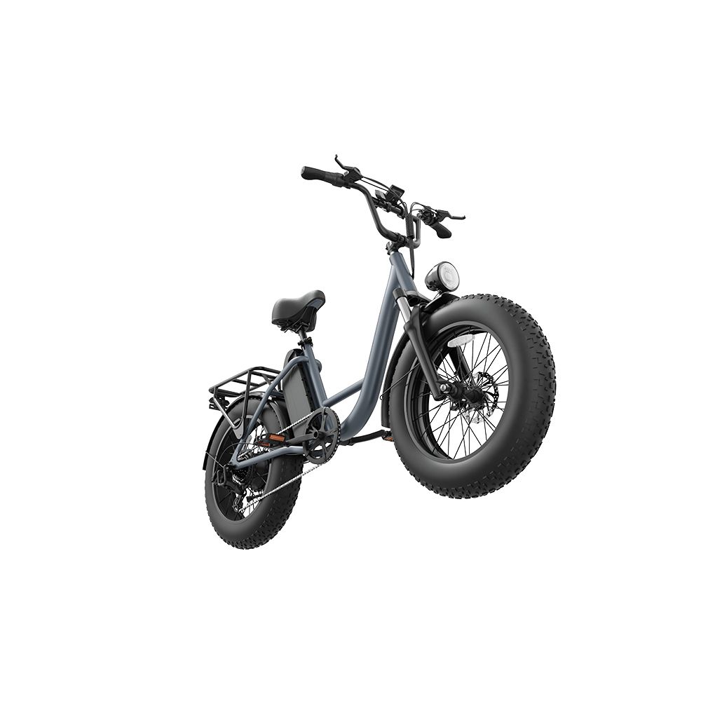 Graues Elektrofahrrad mit breiten Reifen, Gepäckträger und Scheinwerfer. Ansicht von der Seite.