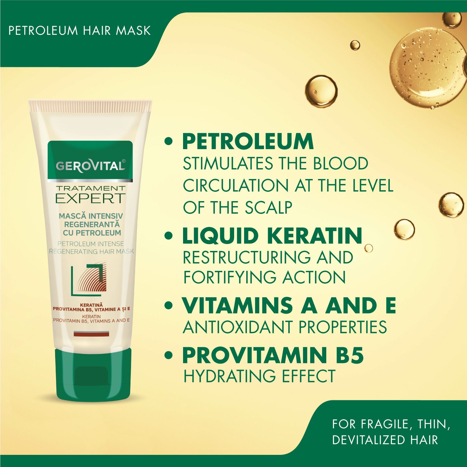 Creme-Tube mit grüner Kappe und Text. Aufschrift: Gerovital, Tratament Expert, Mască Intensiv Regenerantă cu Petrolum. Enthält Keratin, Provitamin B5, Vitamine A & E.
