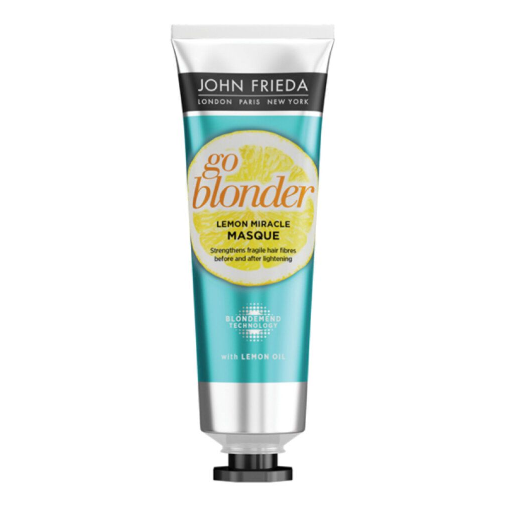 Tube John Frieda Go Blonder Lemon Miracle Masque. Türkis-weißes Design mit Zitrone. Text: Lemon Miracle Masque.