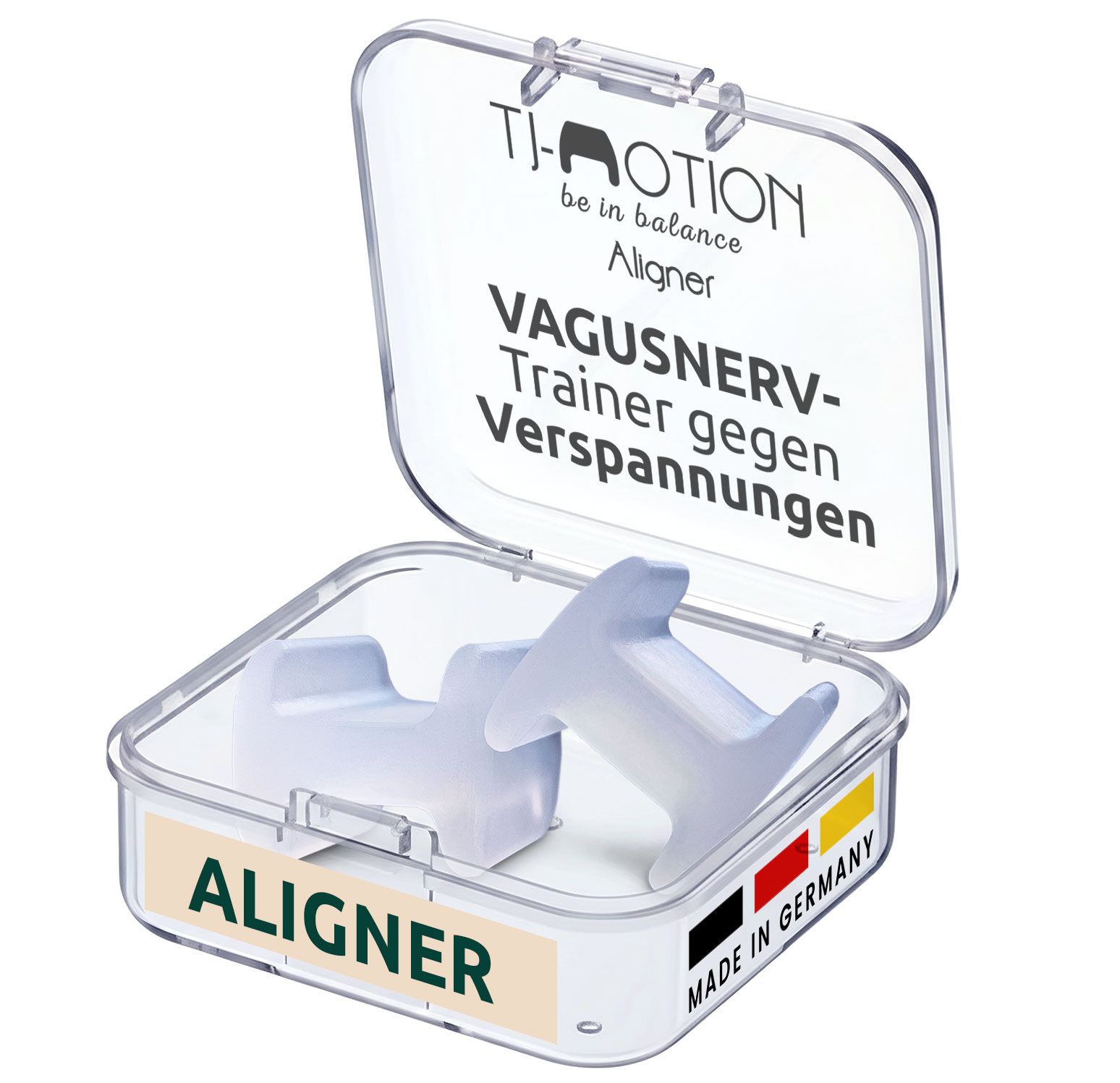 Transparente Box mit zwei weißen Alignern. Text: Vagusnerv-Trainer gegen Verspannungen, Aligner. Made in Germany.