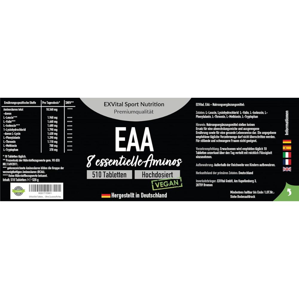 Etikett EXVital EAA 8 essentielle Aminos, 510 Tabletten, hochdosiert, vegan. Hergestellt in Deutschland. Nährwertangaben.