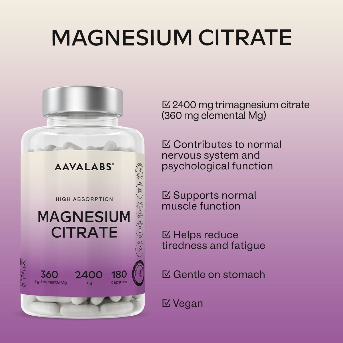 Magnesium Citrat Flasche mit Text. Enthält Informationen zu Inhaltsstoffen und Vorteilen. Marke: AAVALABS.