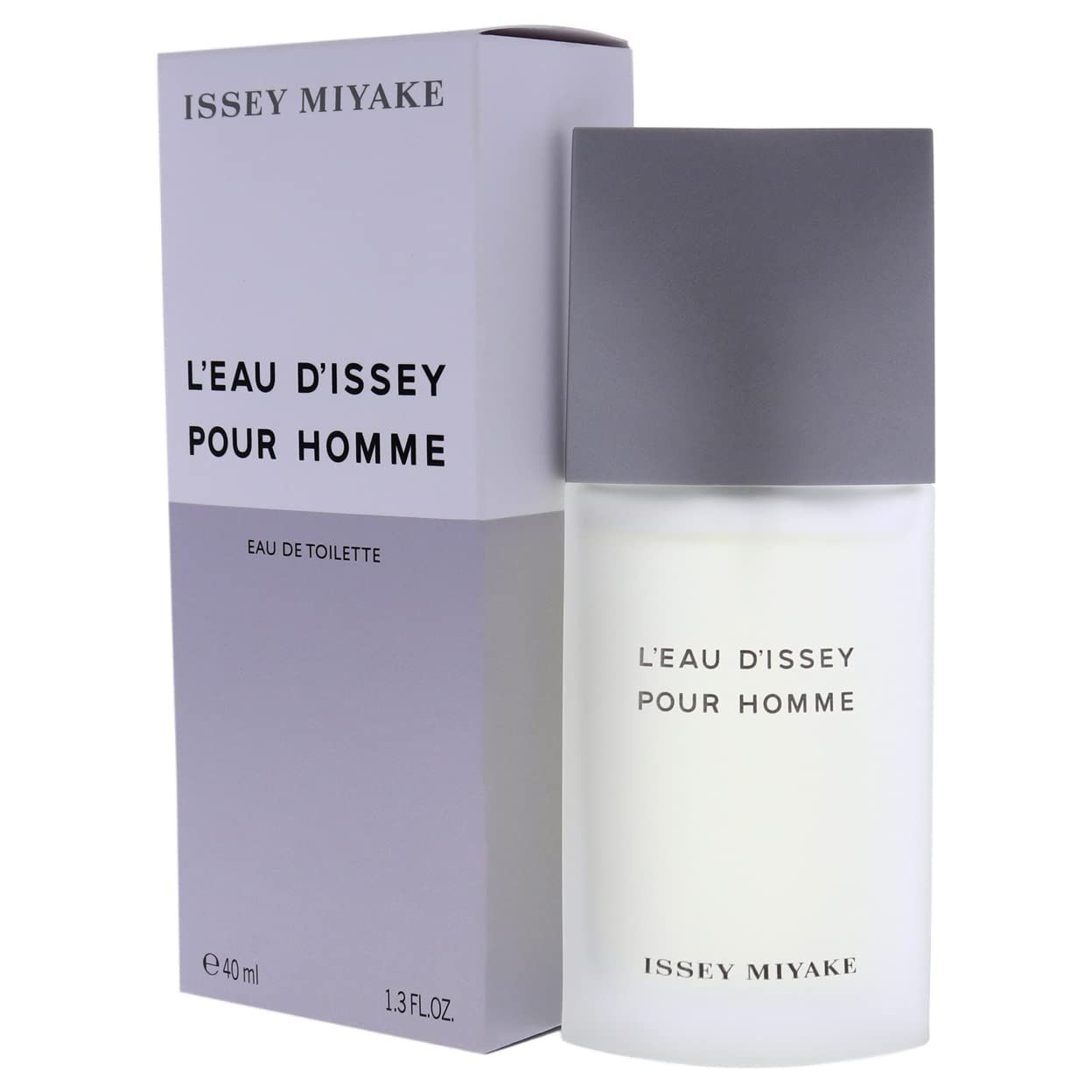 Flakon und Verpackung. Flakon rechteckig mit grauem Deckel. Verpackung weiß-lila. Aufschrift: L'EAU D'ISSEY POUR HOMME und ISSEY MIYAKE.