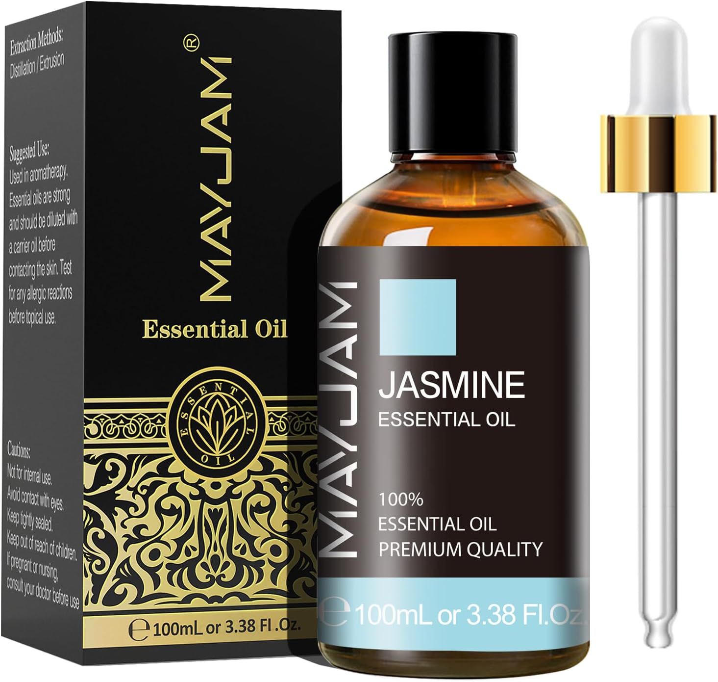 Braune Glasflasche mit schwarzem Deckel und Pipette. Aufschrift: MAYJAM, Jasmin Essential Oil, 100% Essential Oil, Premium Quality.