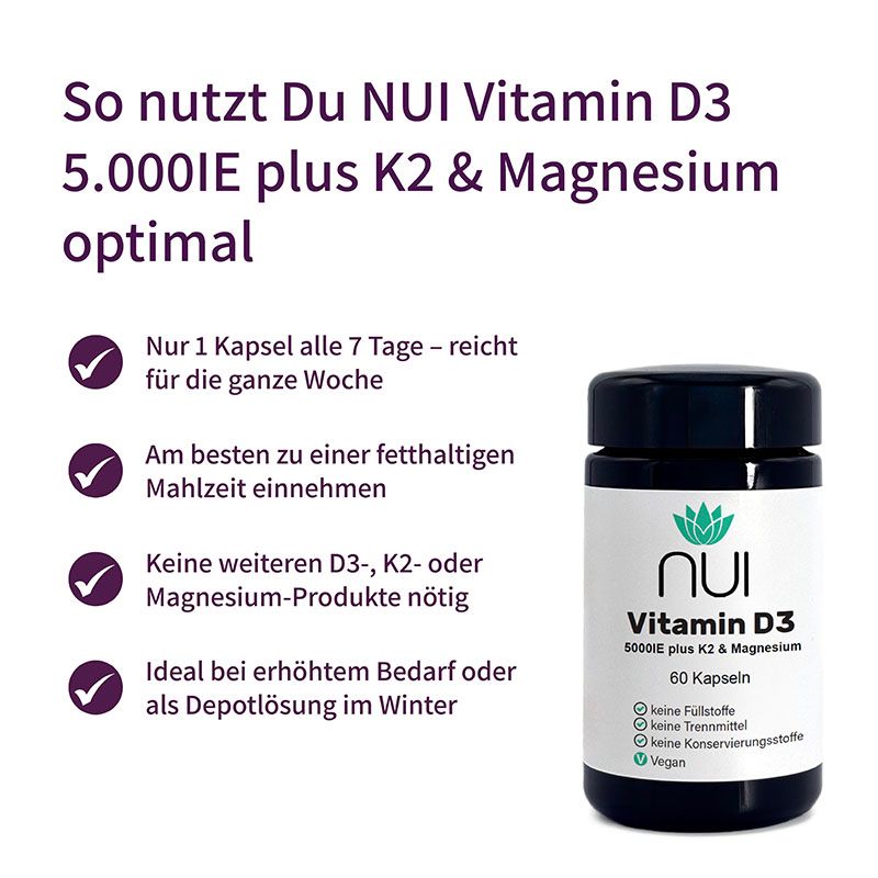 NUI Vitamin D3 5.000IE plus K2 & Magnesium. Flasche mit 60 Kapseln. Empfohlen: 1 Kapsel pro Woche. Vegan.