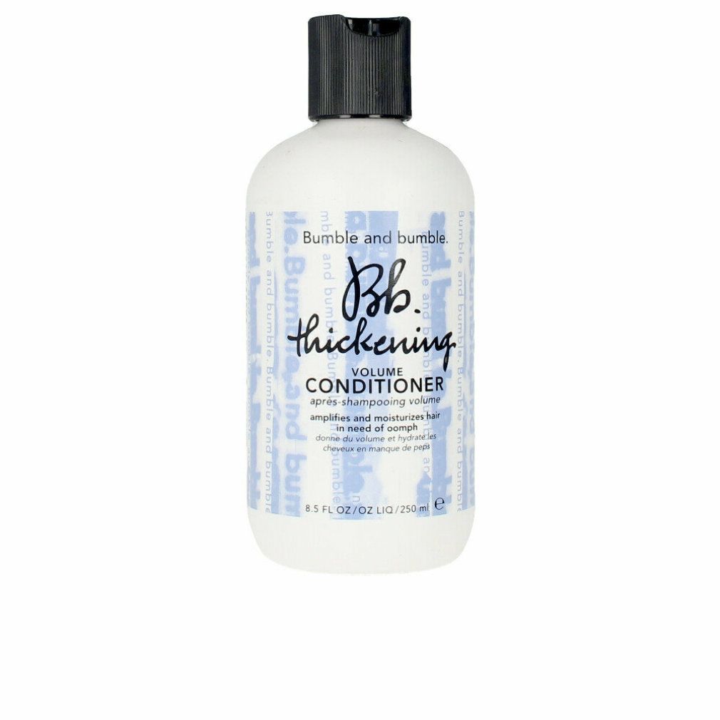 Weiße Flasche mit schwarzem Deckel. Aufschrift: Bumble and bumble, Bb. thickening, Volume Conditioner. 250ml.