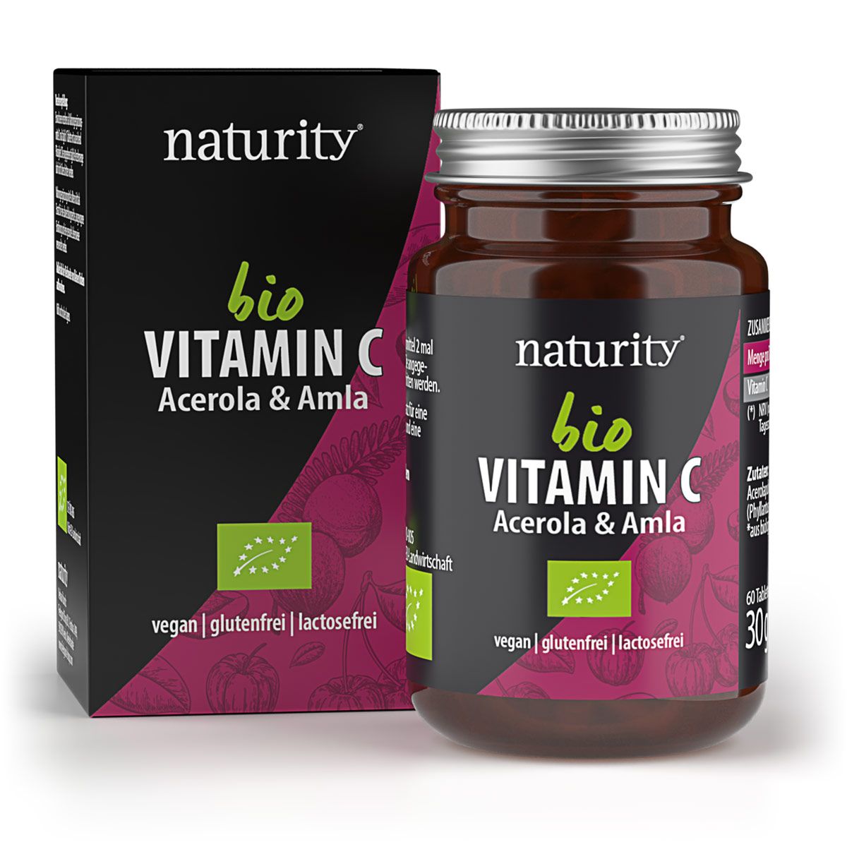 Dunkle Schachtel und braune Glasflasche mit "Naturity BIO Vitamin C". Vegan, glutenfrei, laktosefrei. Acerola & Amla.