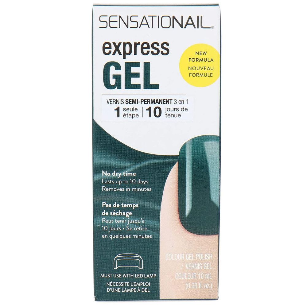 Sensationail Express Gel Nagellack. Grün. Verpackung mit Produktabbildung. 10 ml. Semi-Permanent. 10 Tage Halt.