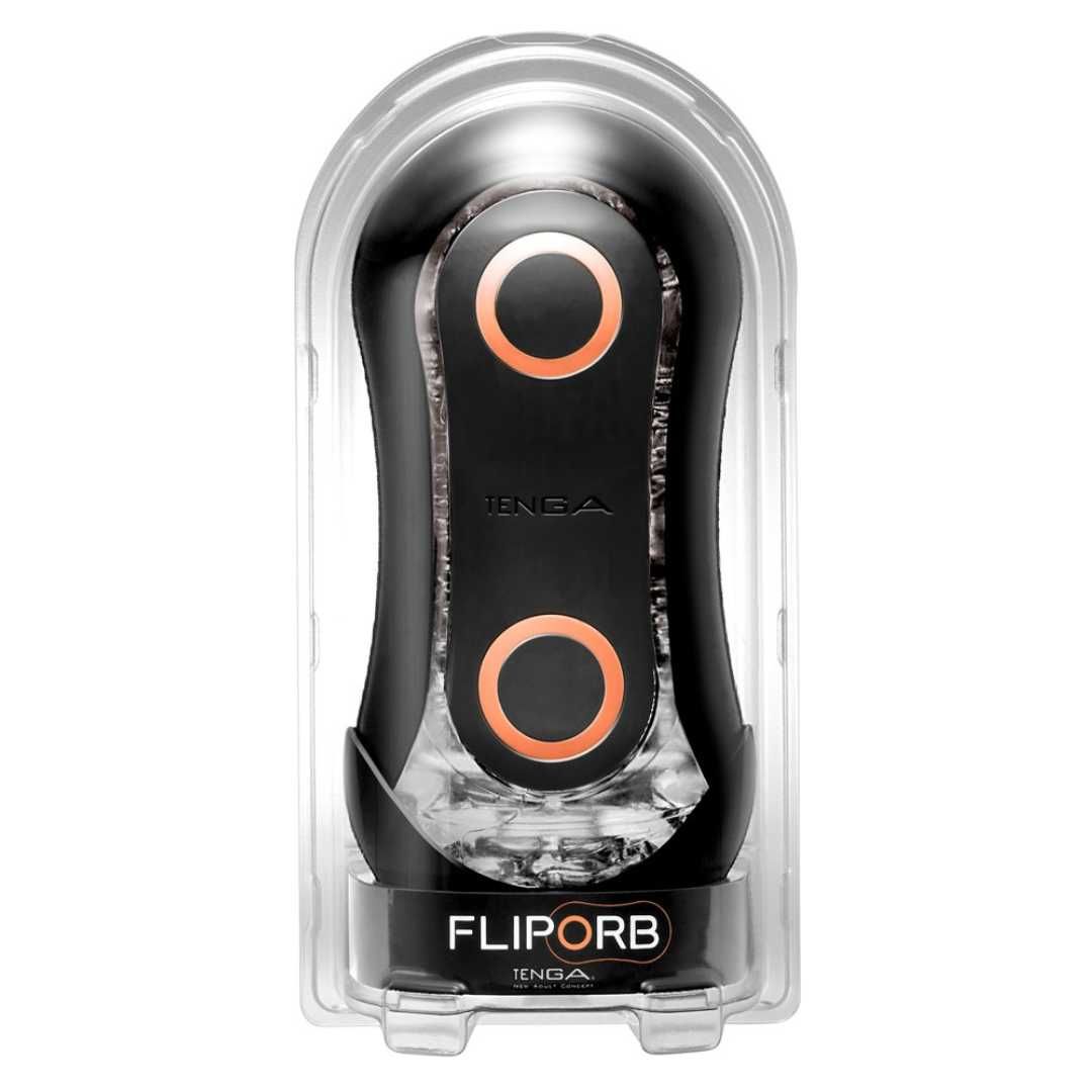 Schwarzes TENGA Flip Orb in transparenter Verpackung. Zwei orangefarbene Kreise auf der Vorderseite. Schriftzug "FLIP ORB" und "TENGA".