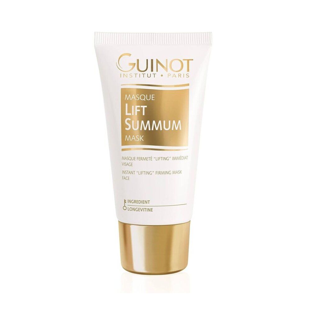 Weiß-goldene Tube mit Produktnamen und Markennamen. Text: Masque Lift Summum Mask, Guinot. Goldener Deckel.