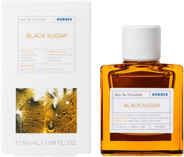 KORRES Eau de Toilette Black Sugar. Flakon und Verpackung. Eckiger Flakon mit weißem Verschluss. Weiße Verpackung mit Produktinformationen.