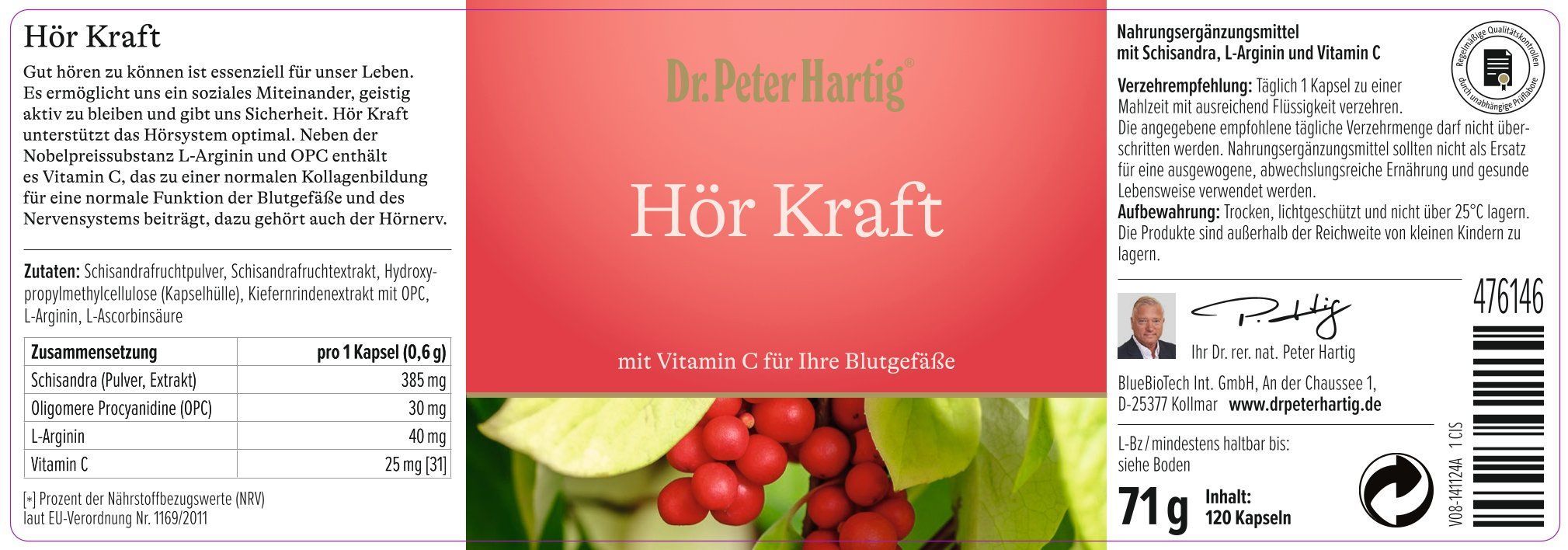 Produktetikett mit Text und Abbildungen von Beeren. Enthält Informationen zu Inhaltsstoffen und Nährwerten.