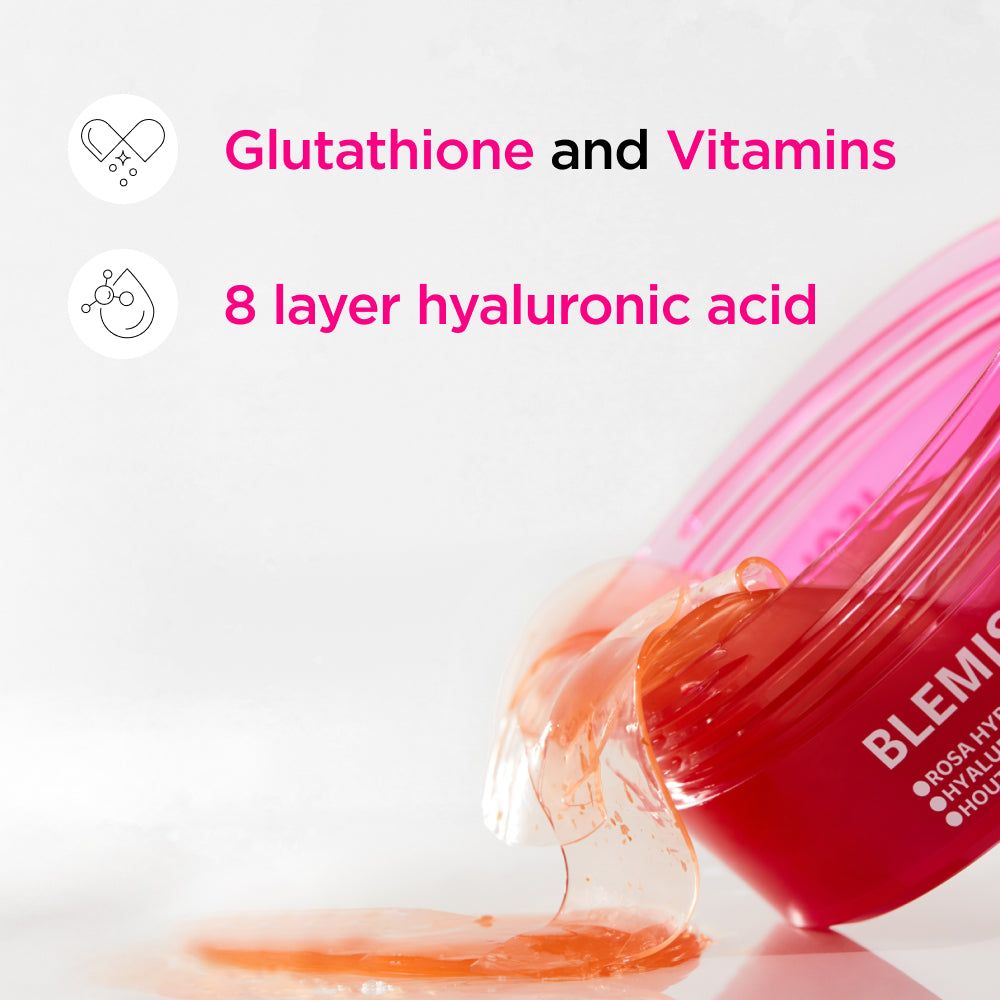 Produkt und Augenpflaster. Text: Glutathion und Vitamine, 8-Schicht-Hyaluronsäure. Rosa Flüssigkeit fließt aus dem Behälter.