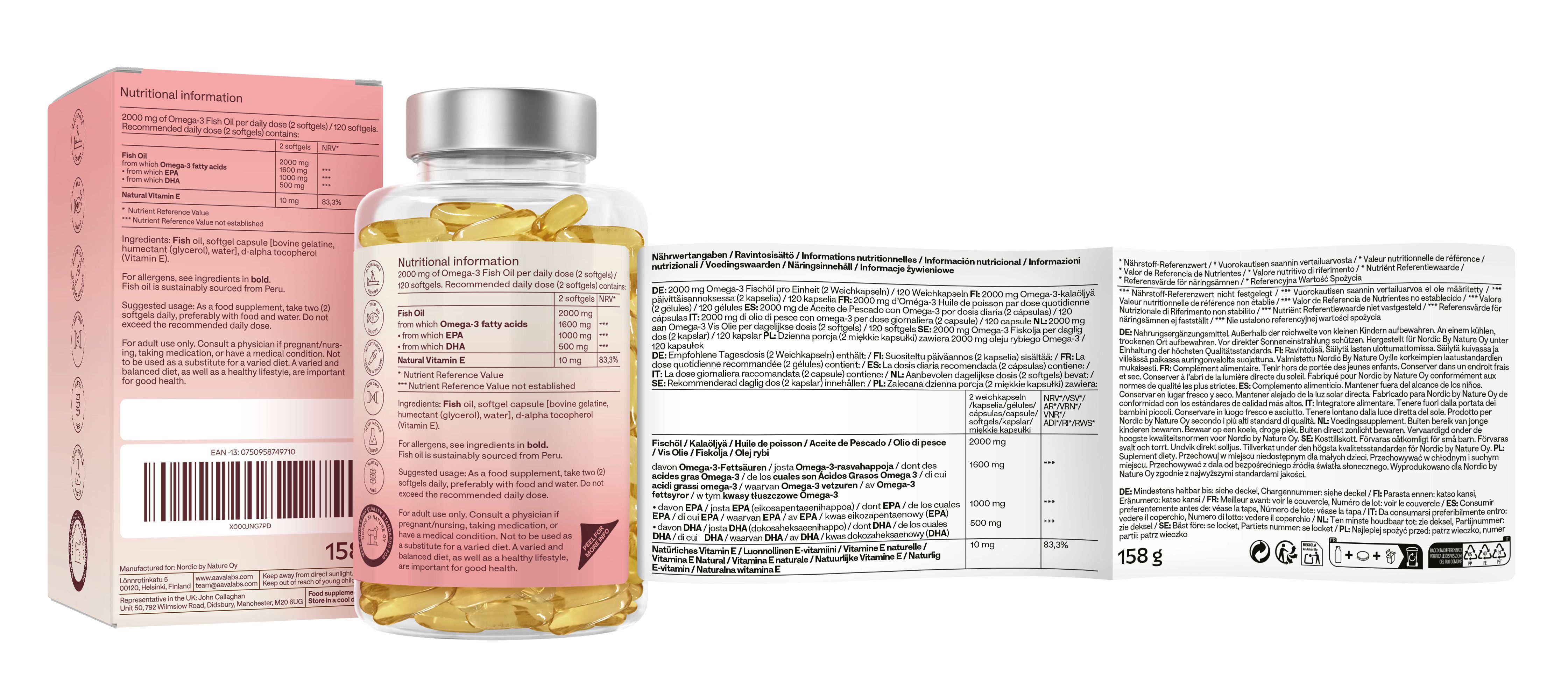 Verpackung mit Informationen zu Nährwerten und Inhaltsstoffen. Zusätzliche Broschüre mit weiteren Informationen.