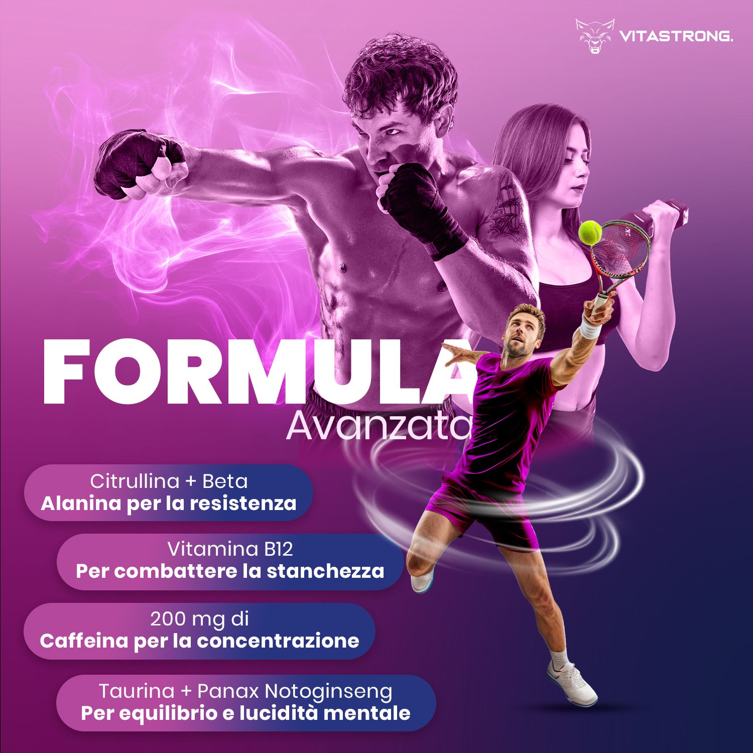 Vitastrong Energy Berries. Sportler-Collage. Text: Fortschrittliche Formel. Inhaltsstoffe: Citrullin, Beta Alanin, etc.