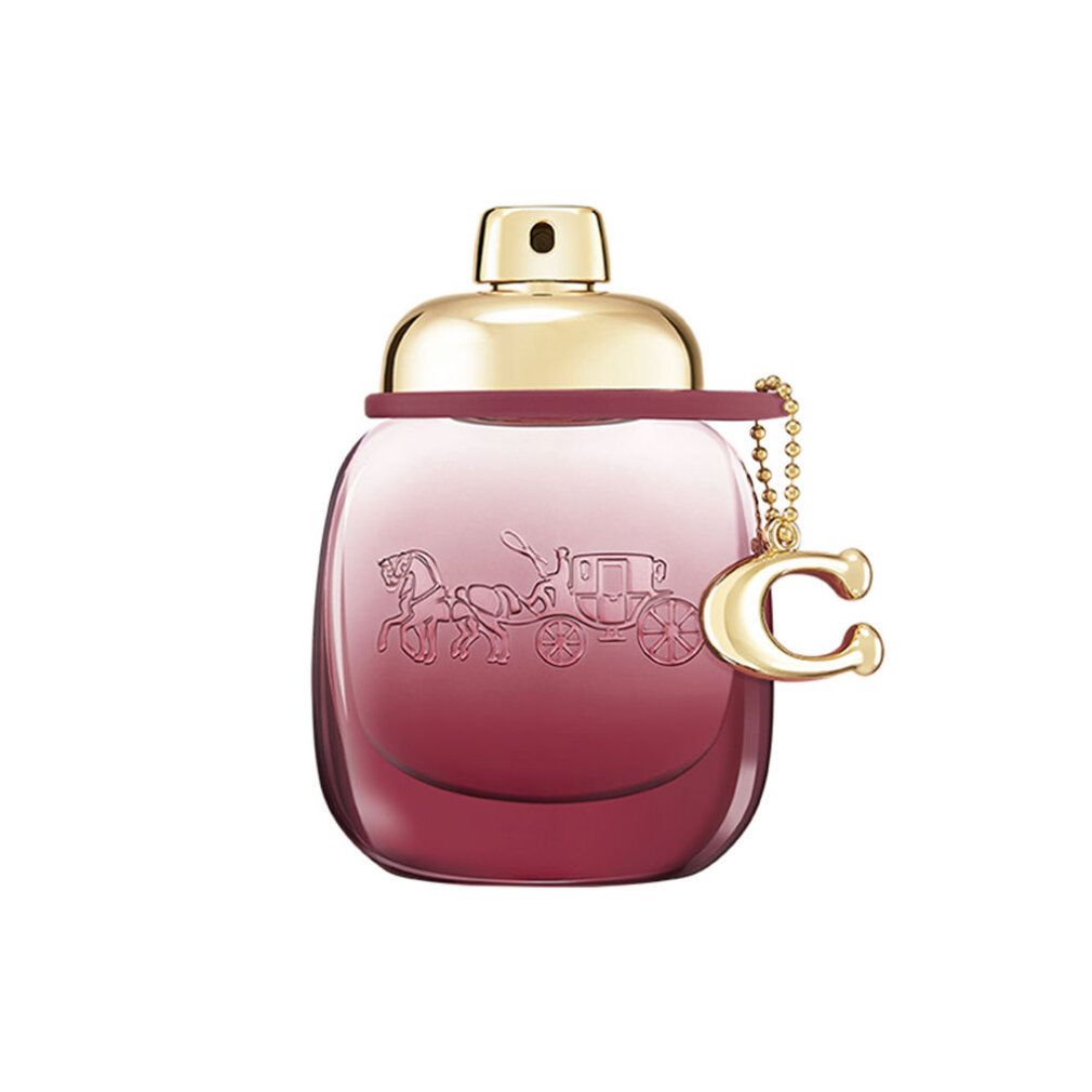 Runder Flakon mit goldenem Verschluss und Anhänger. Auf dem Flakon ist eine Kutsche abgebildet. Der Flakon hat eine rosa-rote Farbe.