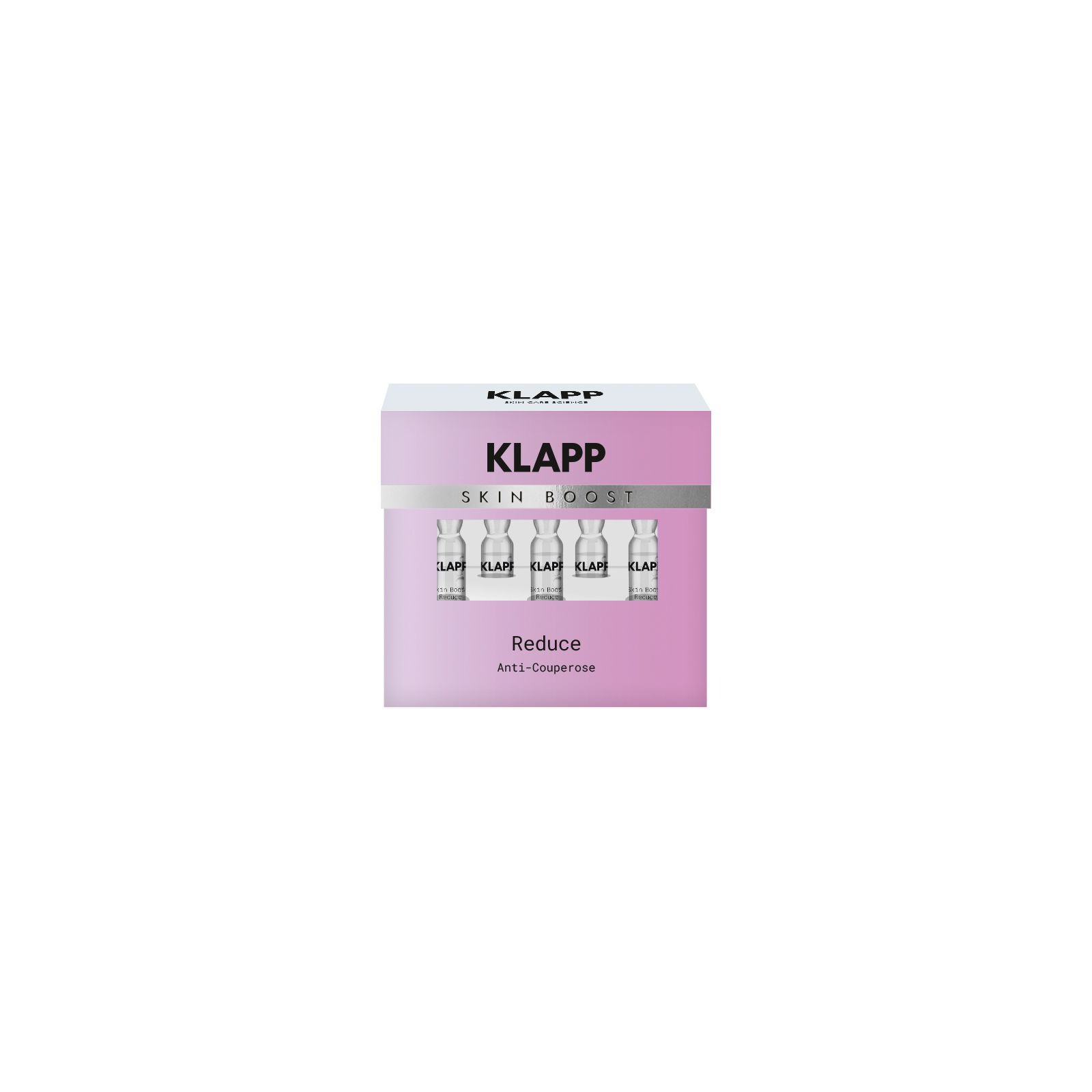 Verpackung mit Ampullen. Aufschrift: KLAPP SKIN BOOST Reduce Anti-Couperose. Weiße Ampullen in rosa Schachtel.