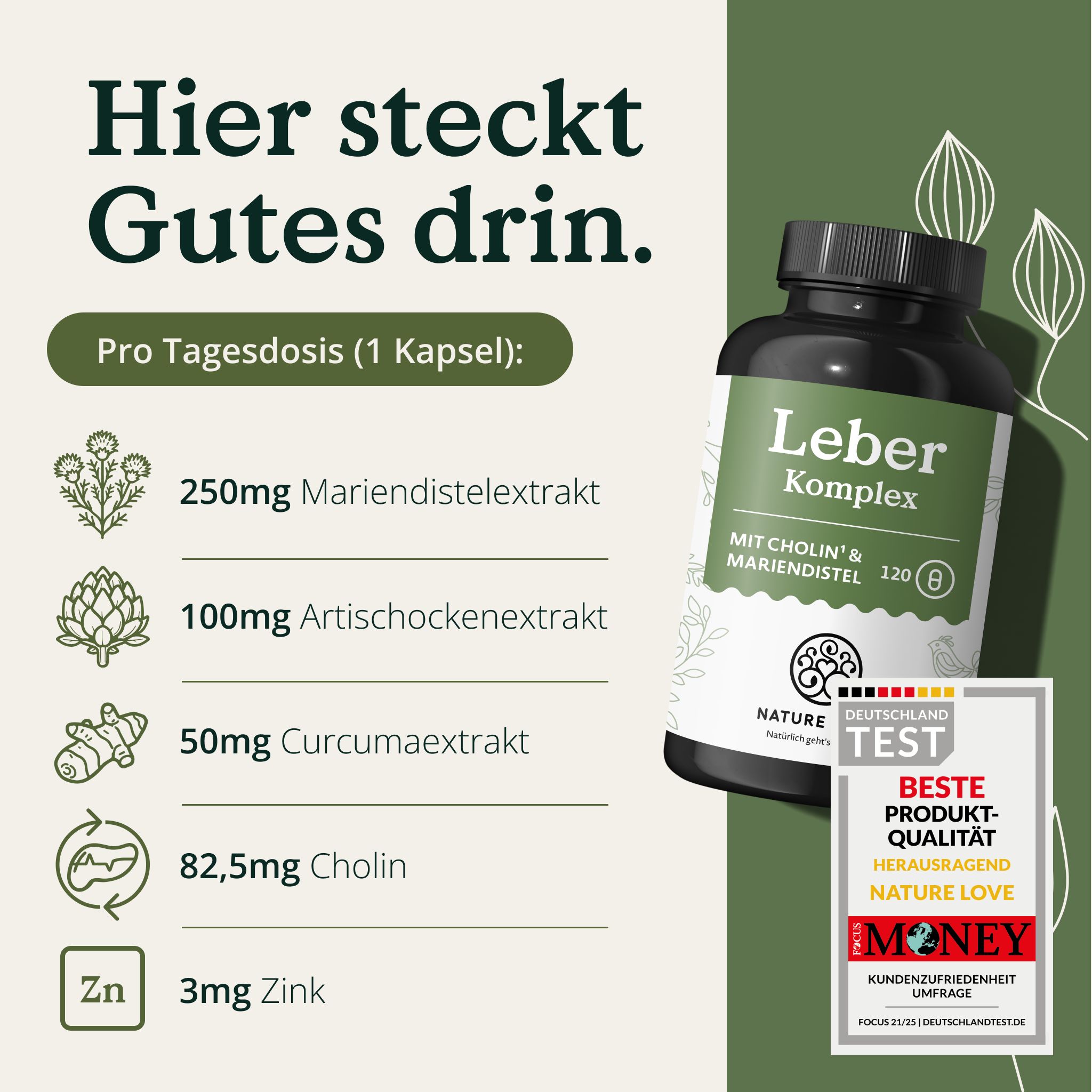 Flasche Leber Komplex mit detaillierter Nährwertangabe und Siegel.