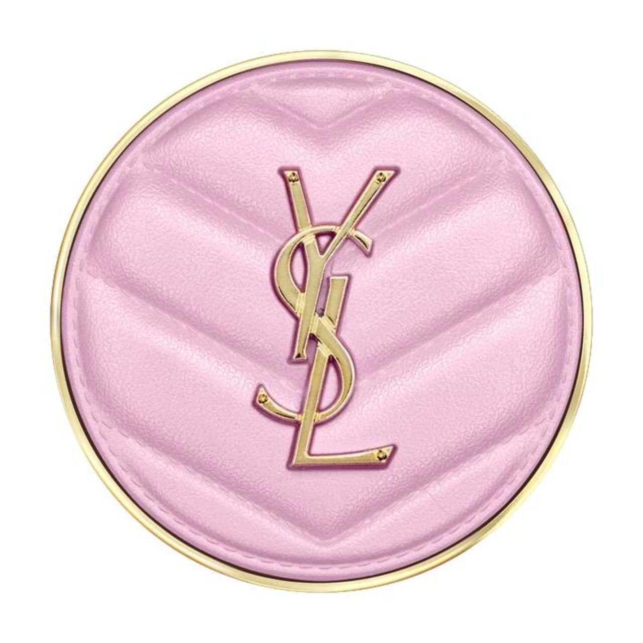 Runder, rosafarbener Yves Saint Laurent Make Me Blush. Goldfarbenes Logo und Rand. Gesteppte Oberfläche.