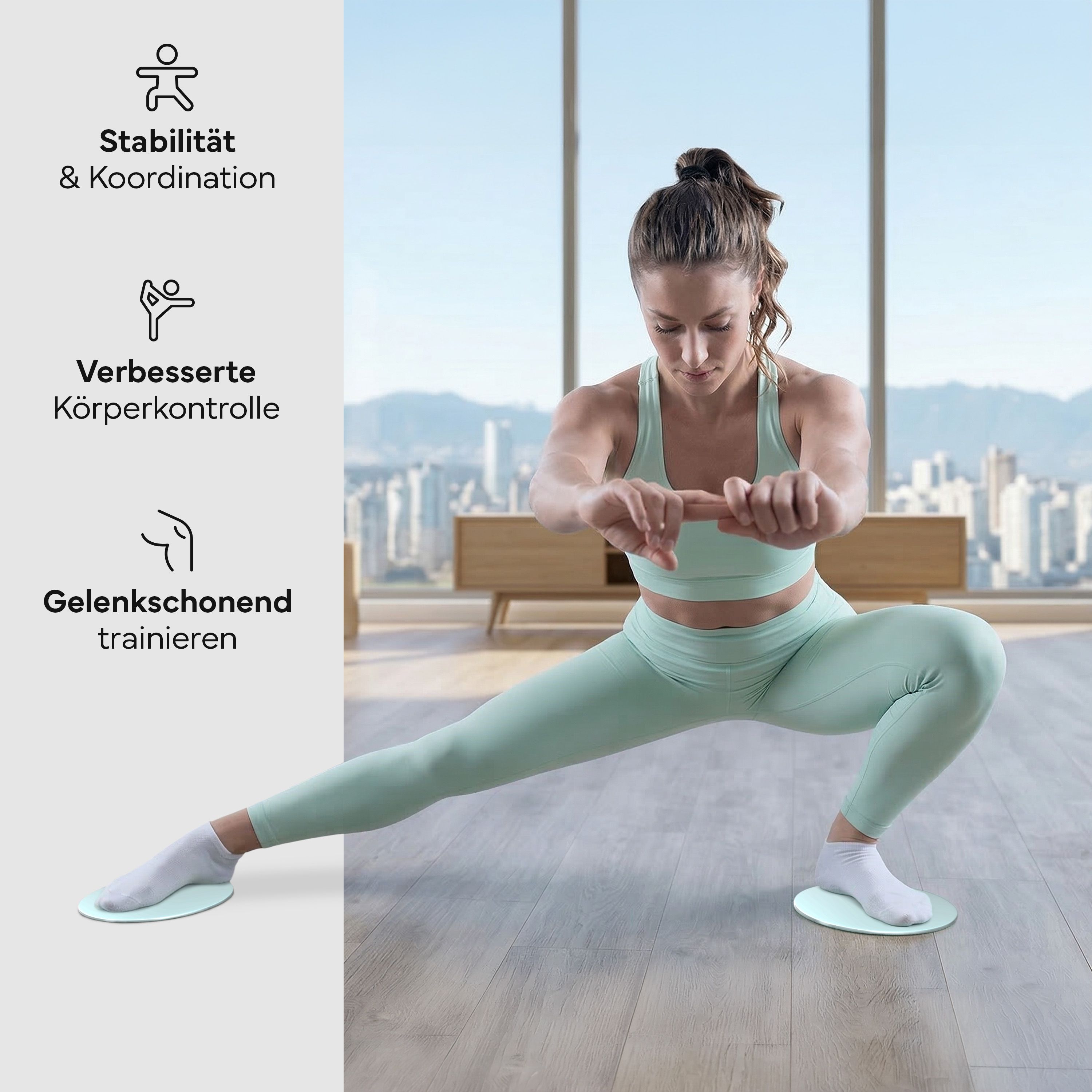 Frau trainiert mit NEOLYMP Pilates Slidern für Stabilität, Körperkontrolle und gelenkschonendes Training.