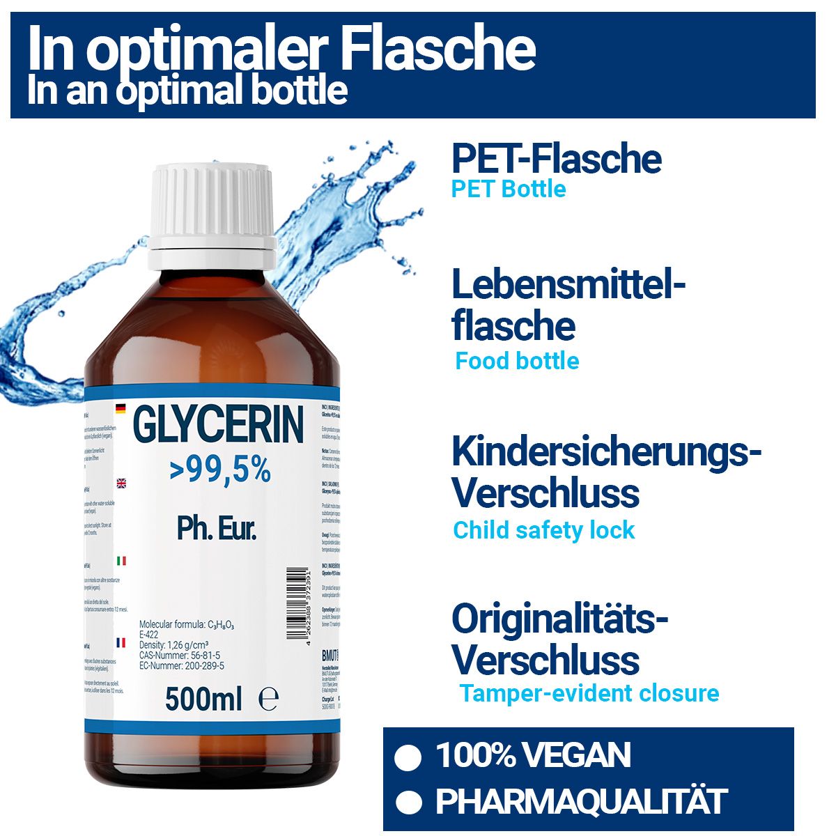 Produktflasche neben Text. Text: In optimaler Flasche. PET-Flasche, Lebensmittel, Kindersicherungsverschluss, Originalitätsverschluss, 100% vegan, Pharmaqualität.