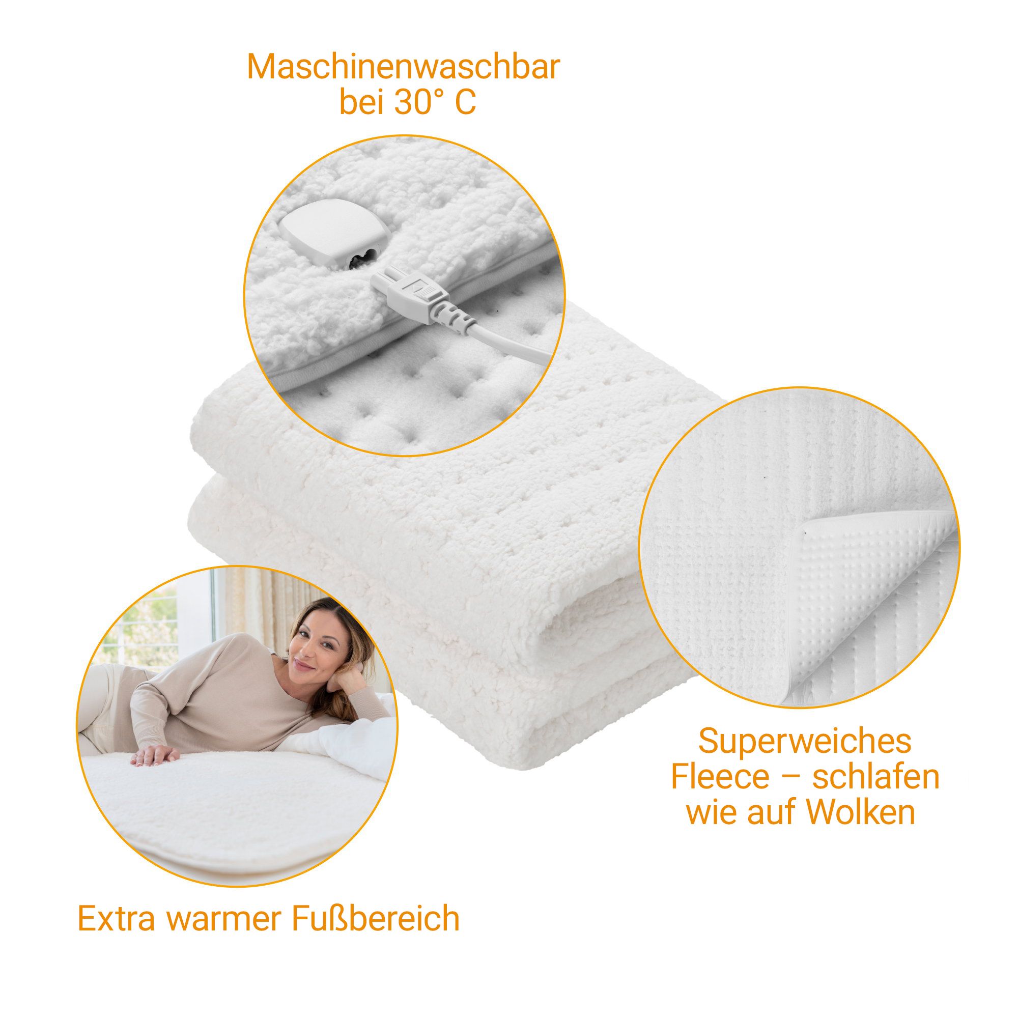 Weiße Heizdecke mit Steuergerät und Infografiken zu Funktionen.