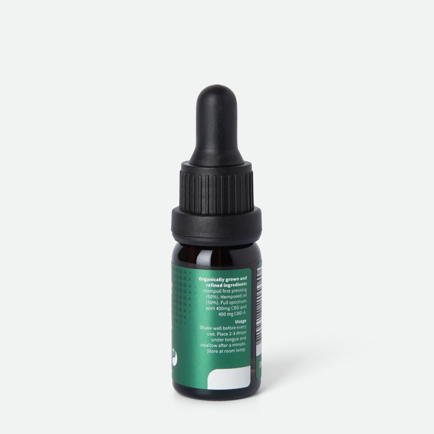 Rückseite einer CBD-A Öl Flasche. Grüne Banderole mit Textinformationen über Inhaltsstoffe und Anwendung.