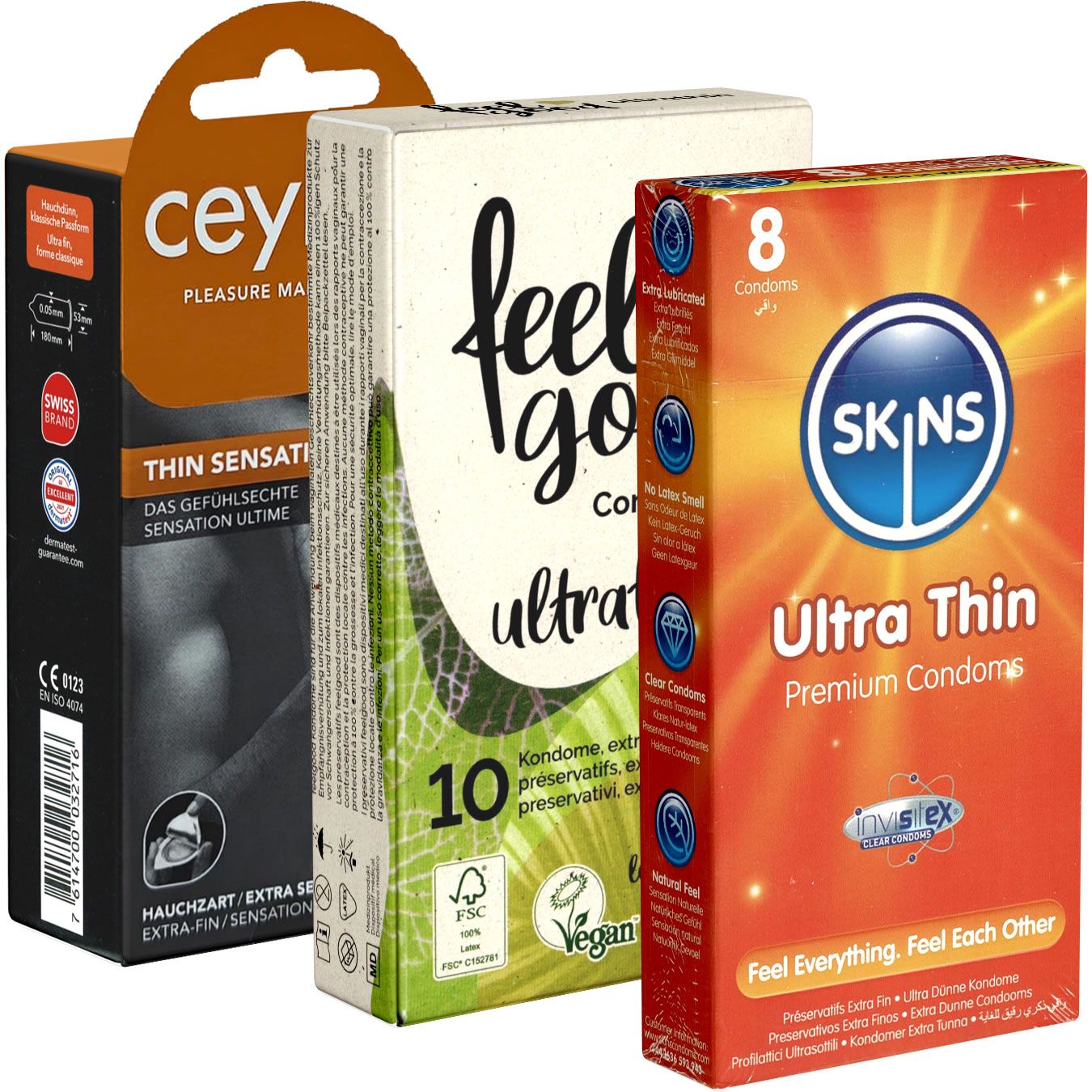 Drei Kondom-Verpackungen. Marken: cey, feel good, SKINS. cey: Thin Sensation. feel good: ultra. SKINS: Ultra Thin, 8 Kondome.