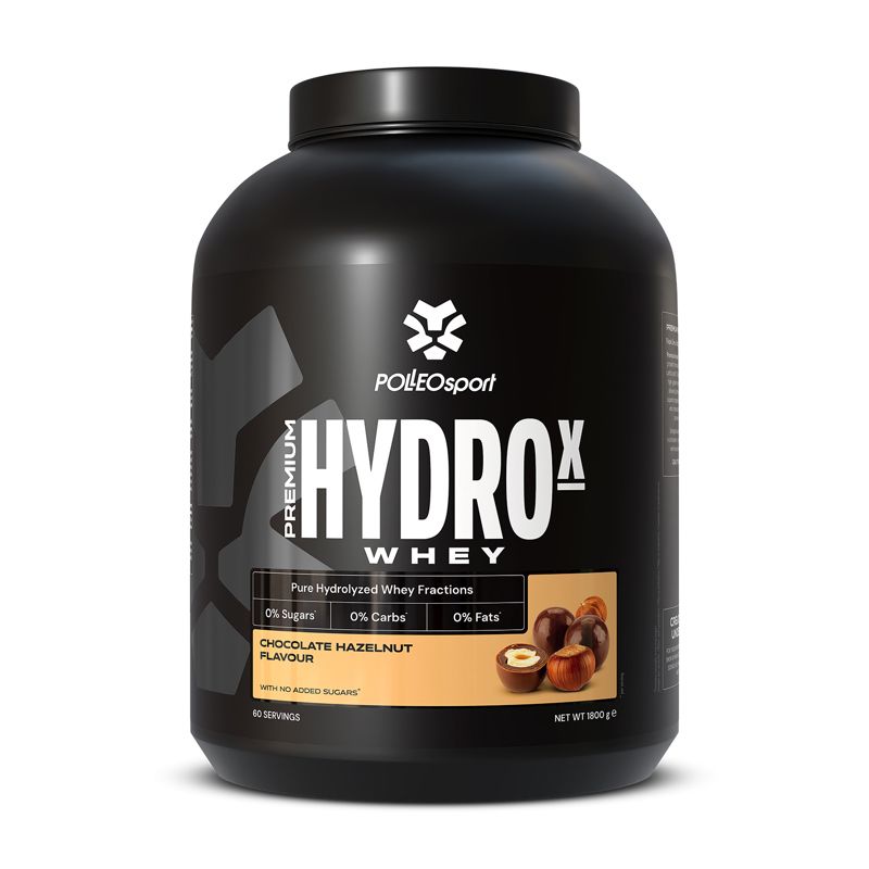 Schwarzer Behälter mit Deckel. Aufschrift HYDROX WHEY, POLLEOsport Logo. Angaben zu Zucker, Kohlenhydraten und Fett. Schokoladen-Haselnuss-Geschmack.