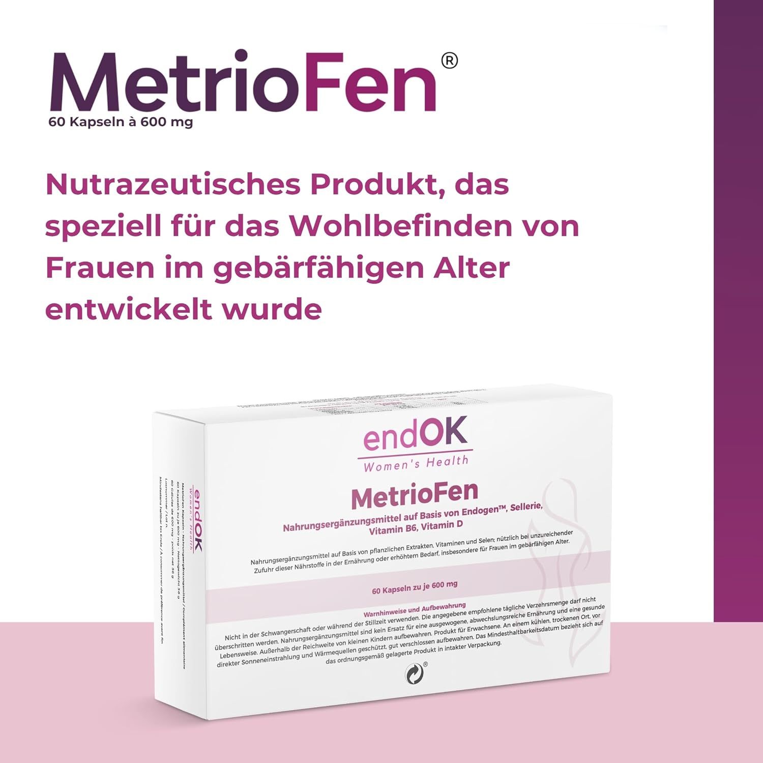 Produktverpackung mit Text: MetrioFen, 60 Kapseln. Nutrazeutisches Produkt für Frauen im gebärfähigen Alter.