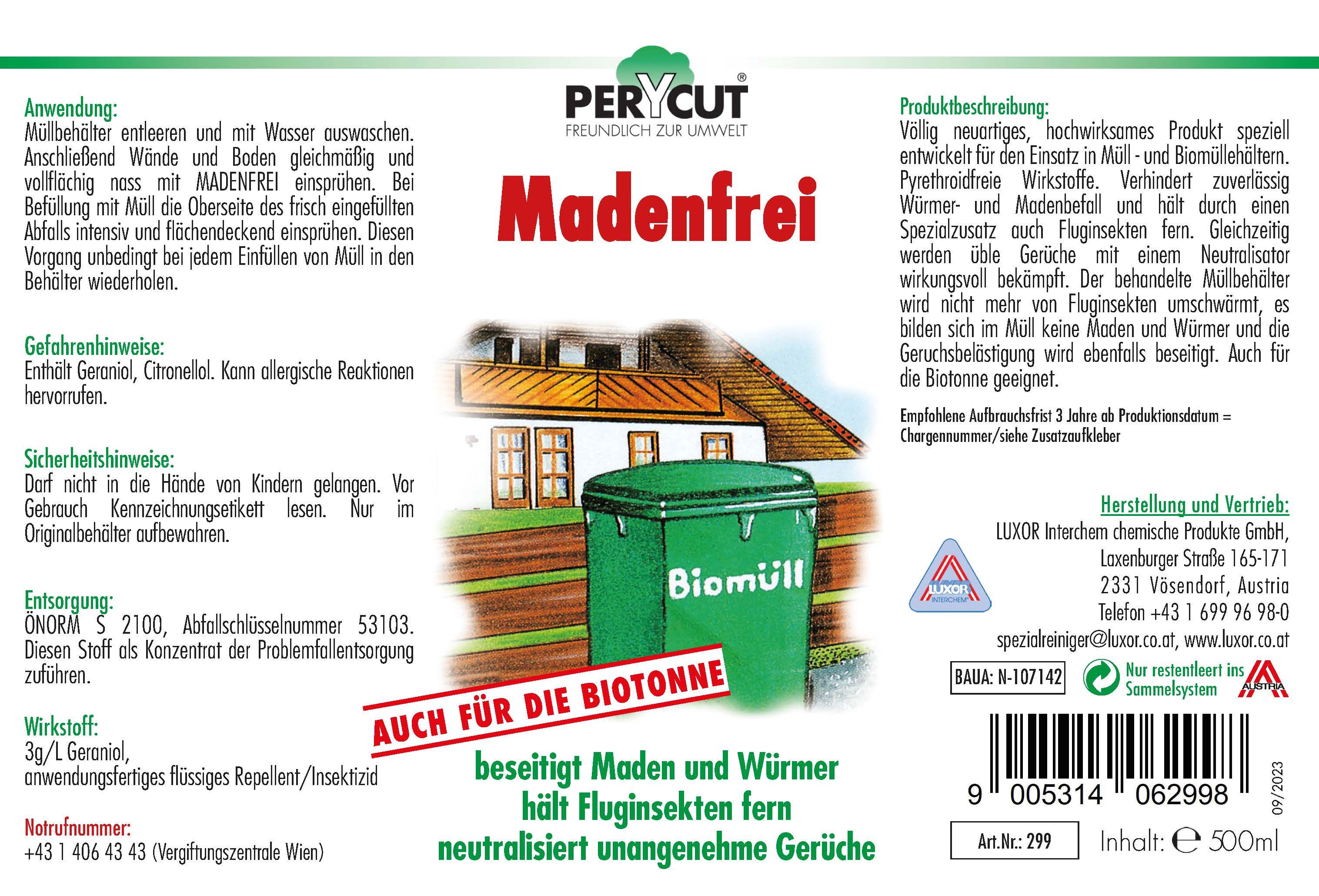 Etikett der Sprühflasche Perycut Madenfrei mit Anwendungshinweisen und Produktinformationen.