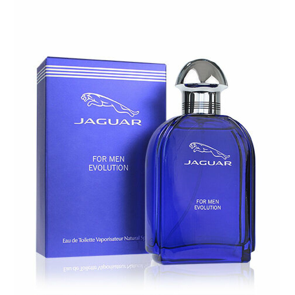 Blaues Parfümflakon und Schachtel. Aufschrift: Jaguar, For Men Evolution. Logo: springender Jaguar. Flakon: silberner Verschluss.
