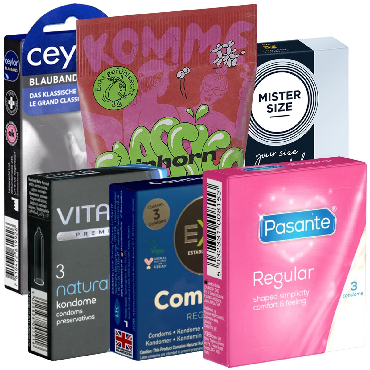 Plusieurs emballages de préservatifs. Marques : cey, Komm, Mister Size, Vita, Ex, Pasante. Différentes couleurs et formes.