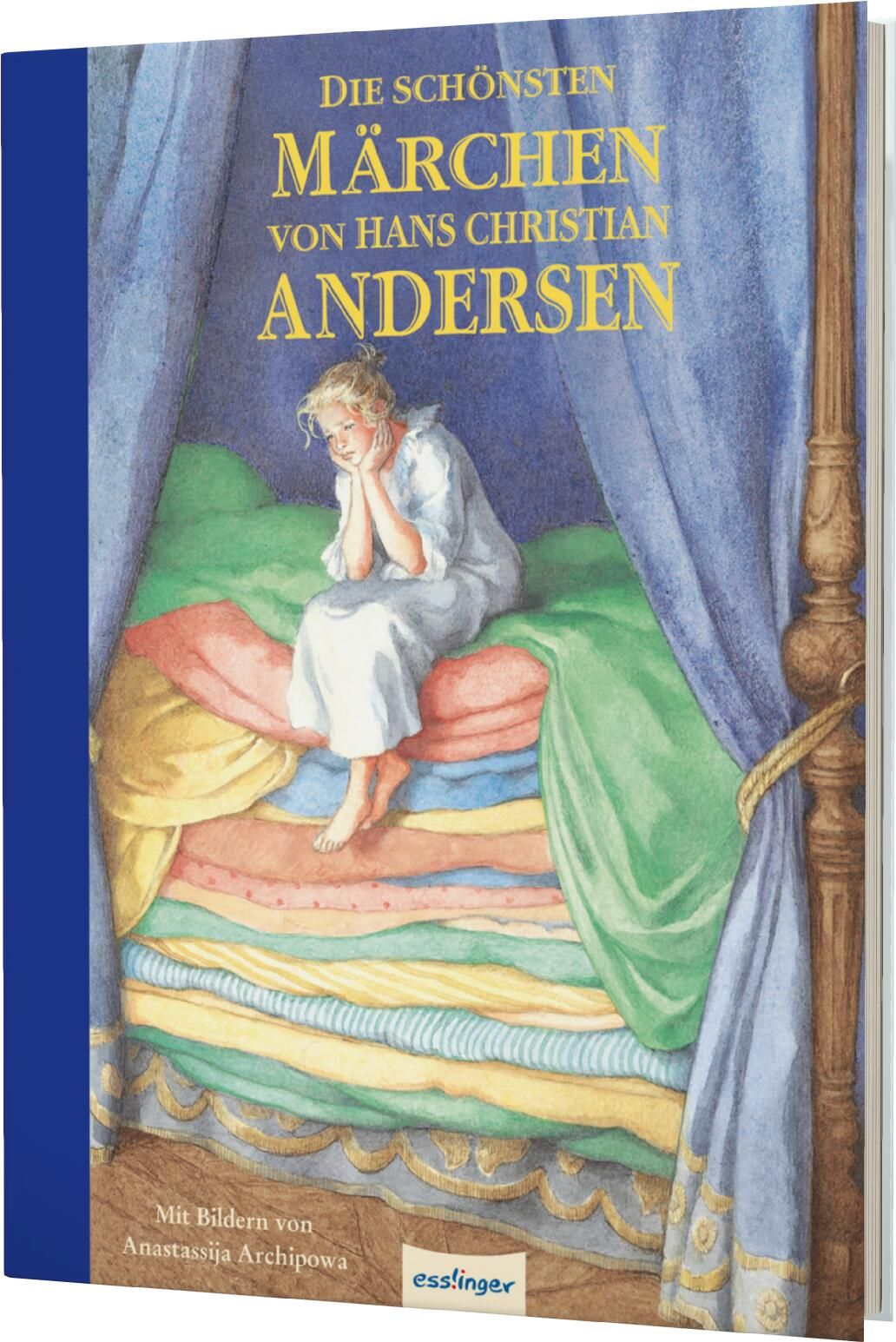 Buchcover mit Titel "Die schönsten Märchen von Hans Christian Andersen". Illustration einer Prinzessin auf Betten.
