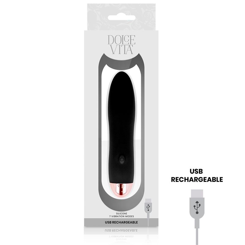 Schwarzer Silikon-Vibrator in Verpackung. Roségoldfarbenes Ende. USB-Ladefunktion. Produktname sichtbar.