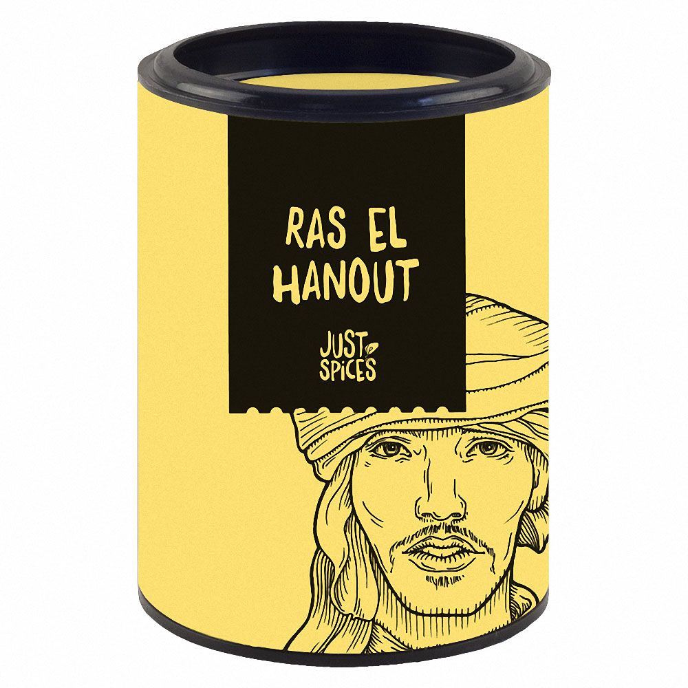 Zylindrische Dose mit gelbem Hintergrund. Schwarzes Rechteck mit "RAS EL HANOUT" und "JUST SPICES". Illustration eines Mannes.