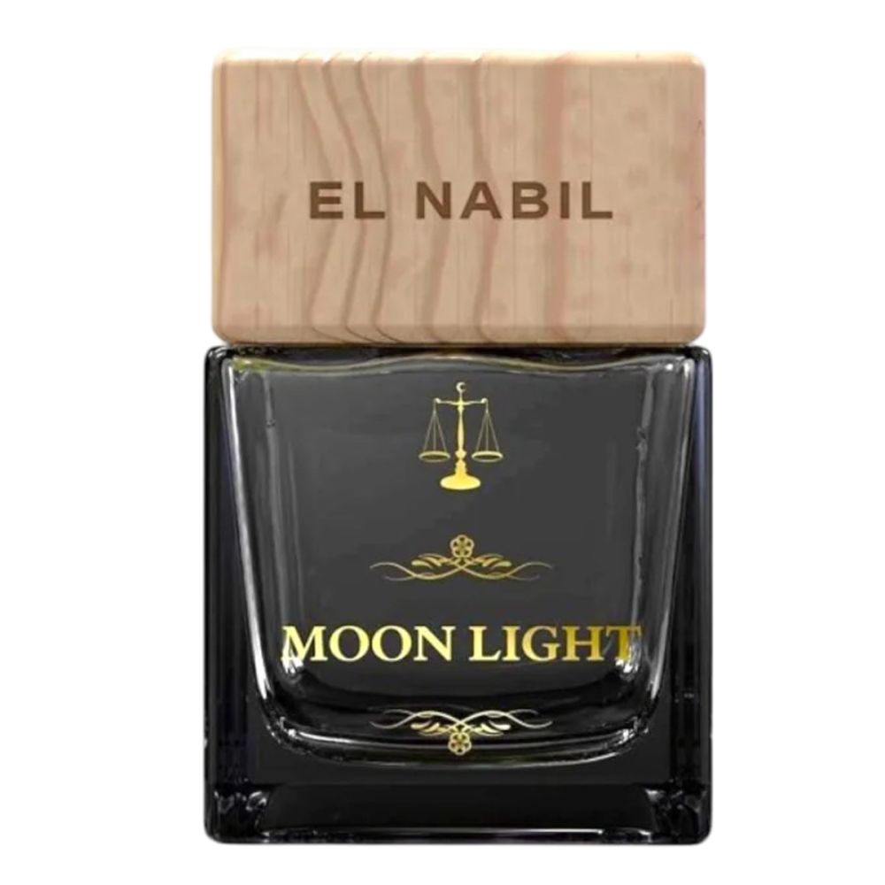 Dunkle Glasflasche mit Holzdeckel. Aufschrift "EL NABIL" und "MOON LIGHT" in Gold. Goldene Waage-Symbolik.