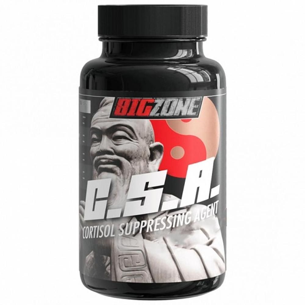 Schwarze Flasche mit schwarzem Deckel. Aufschrift "BIG ZONE C.S.A.". Abbildung einer Statue. Yin-Yang-Symbol.