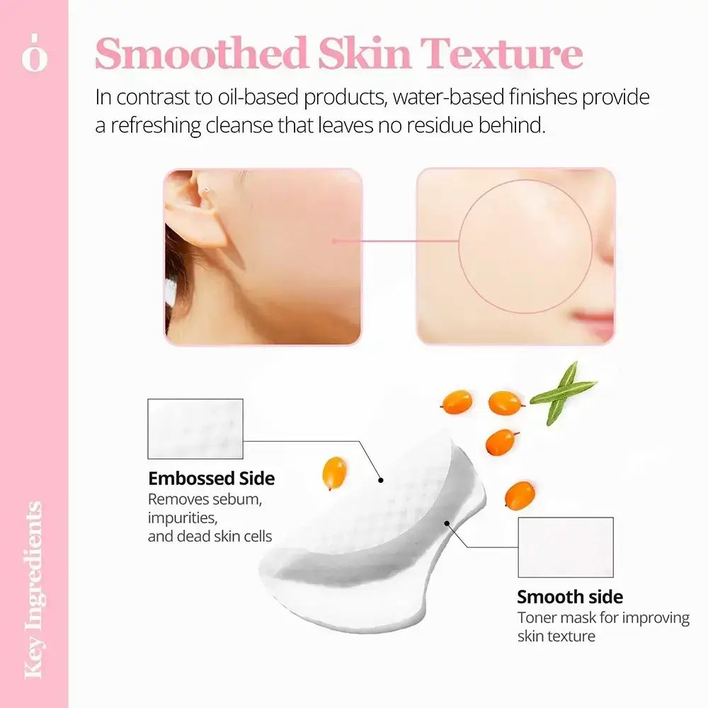 Diagramm mit Hautbildern und Pad-Illustration. Text: "Embossed Side", "Smooth side". Produkt: Pore Cleansing Pads.