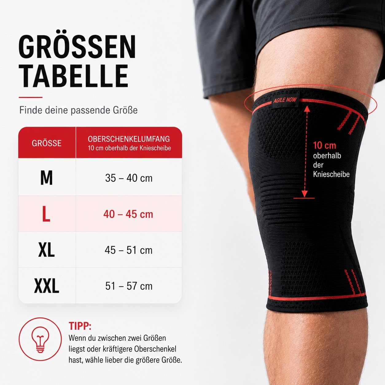 Größentabelle für Kniebandagen und eine Person, die eine Kniebandage trägt.