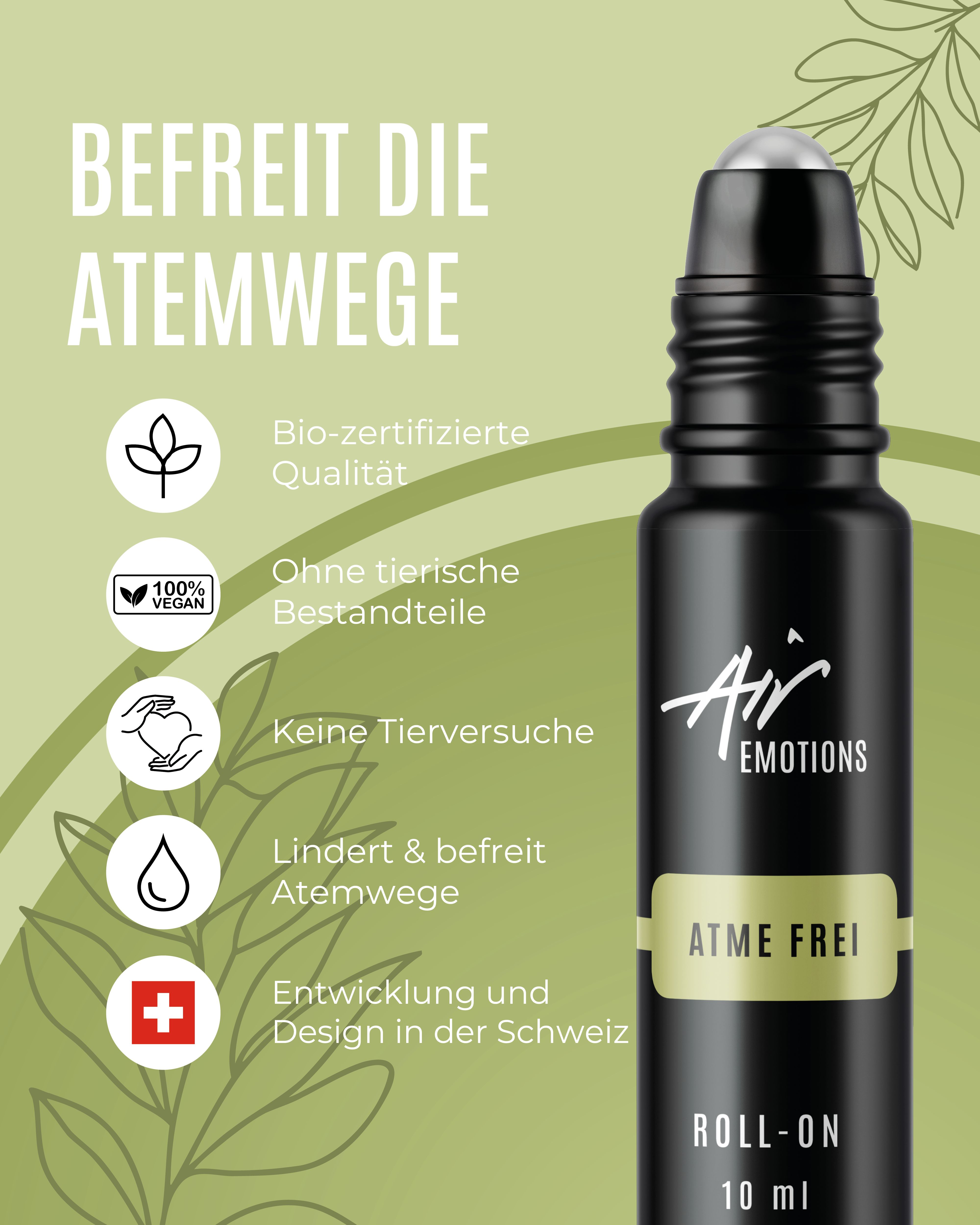 Schwarze Roll-On-Flasche mit silberner Kugel und schwarzem Deckel. Aufschrift: ATME FREI, ROLL-ON, Air Emotions. Symbole und Text.