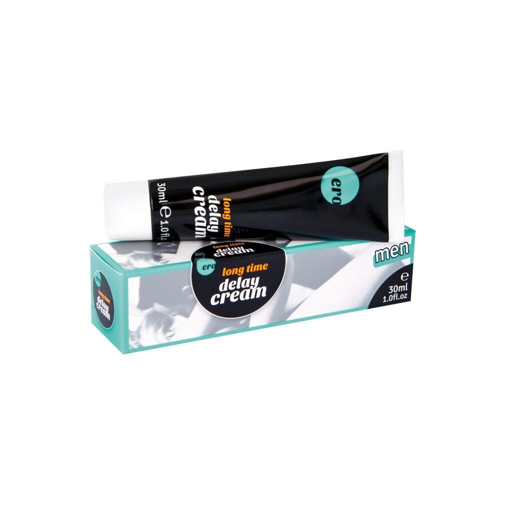 Tube und Schachtel. Text: long time delay cream, men. Logo: ero. Türkis-weiße Verpackung.