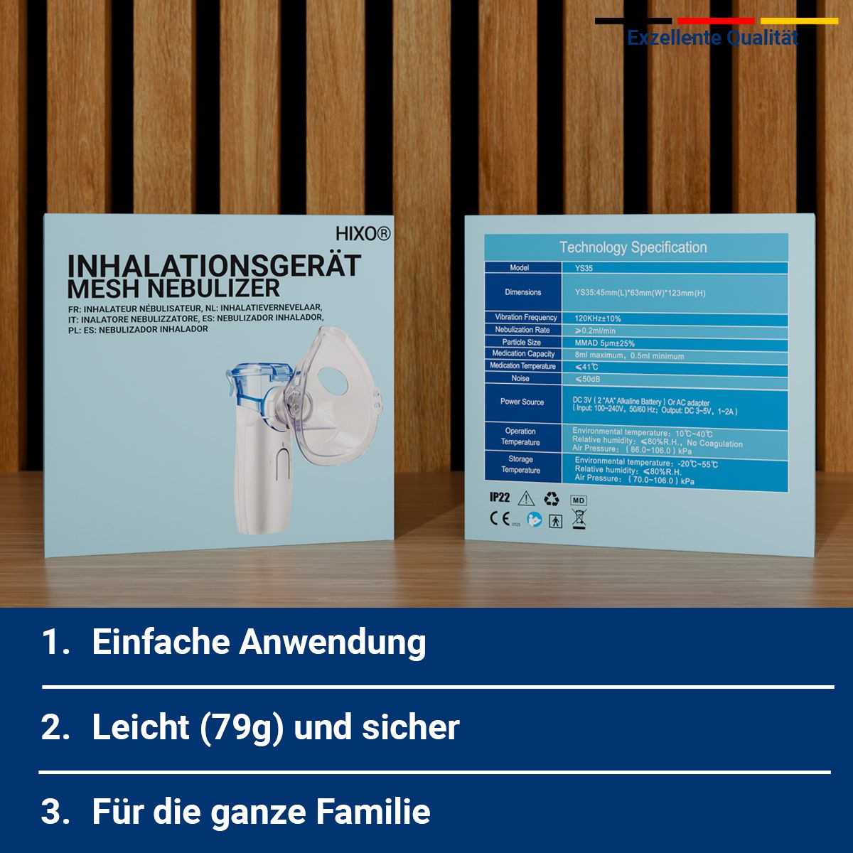 HIXO Inhalator und Verpackung mit technischen Spezifikationen.