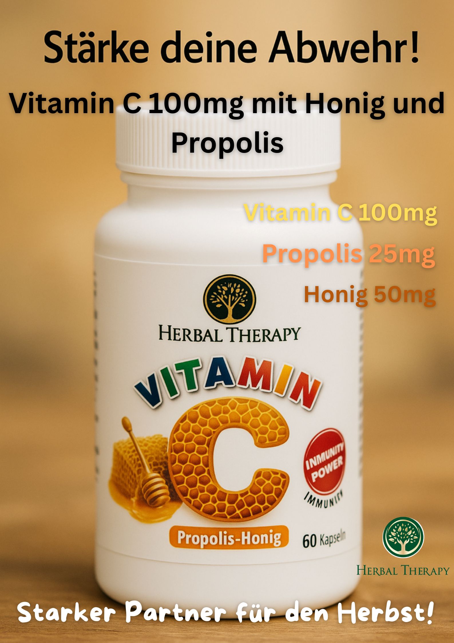 Weiße Flasche mit Herbal Therapy Vitamin C. Aufschrift: Propolis-Honig, 60 Kapseln. Zusätzliche Textinformationen: Vitamin C 100mg, Propolis 25mg, Honig 50mg.
